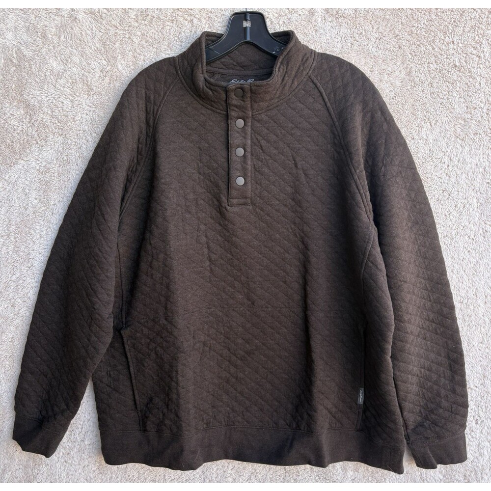 EDDIE BAUER Mens L Quilted Pullover Sweater Jacket Brown 1/4 Snap Up Fleece